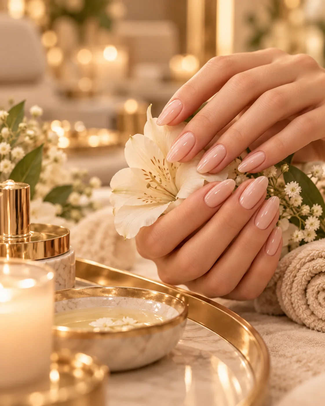 Elegant nude manicure close-up